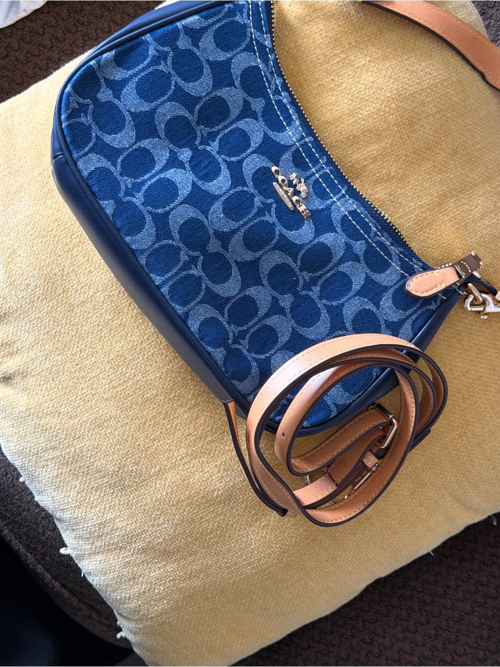 Coach Blue Signature Denim Crossbody with Tan Leather Strap and Gold Hardware